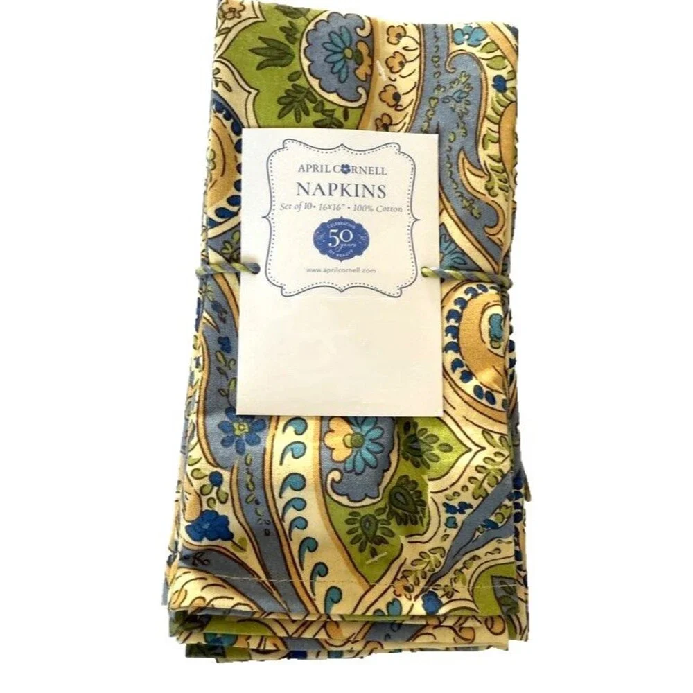 April Cornell Napkins Blue Green Paisley Cotton Boho French Country Set of 10